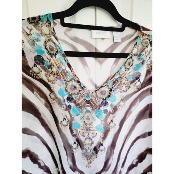Chicos 1 Sheer V~Neck Top Animal Print‎ w/Brown &  Turquoise Border Jewel Design - Picture 4 of 6